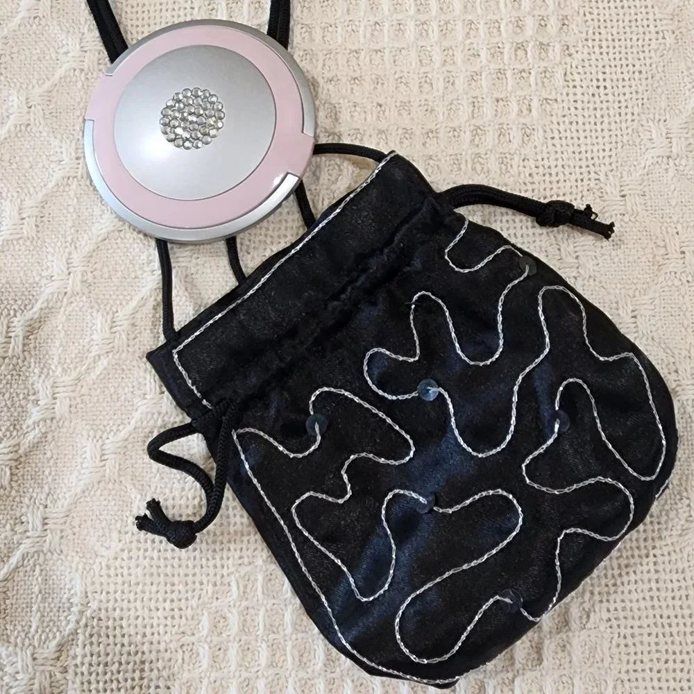 Vintage Mirror Compact + Black Satin Silver Stitching Sequin Evening Bag Purse